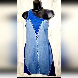 Asymmetrical Denim Dress with Frayed Edges Size L